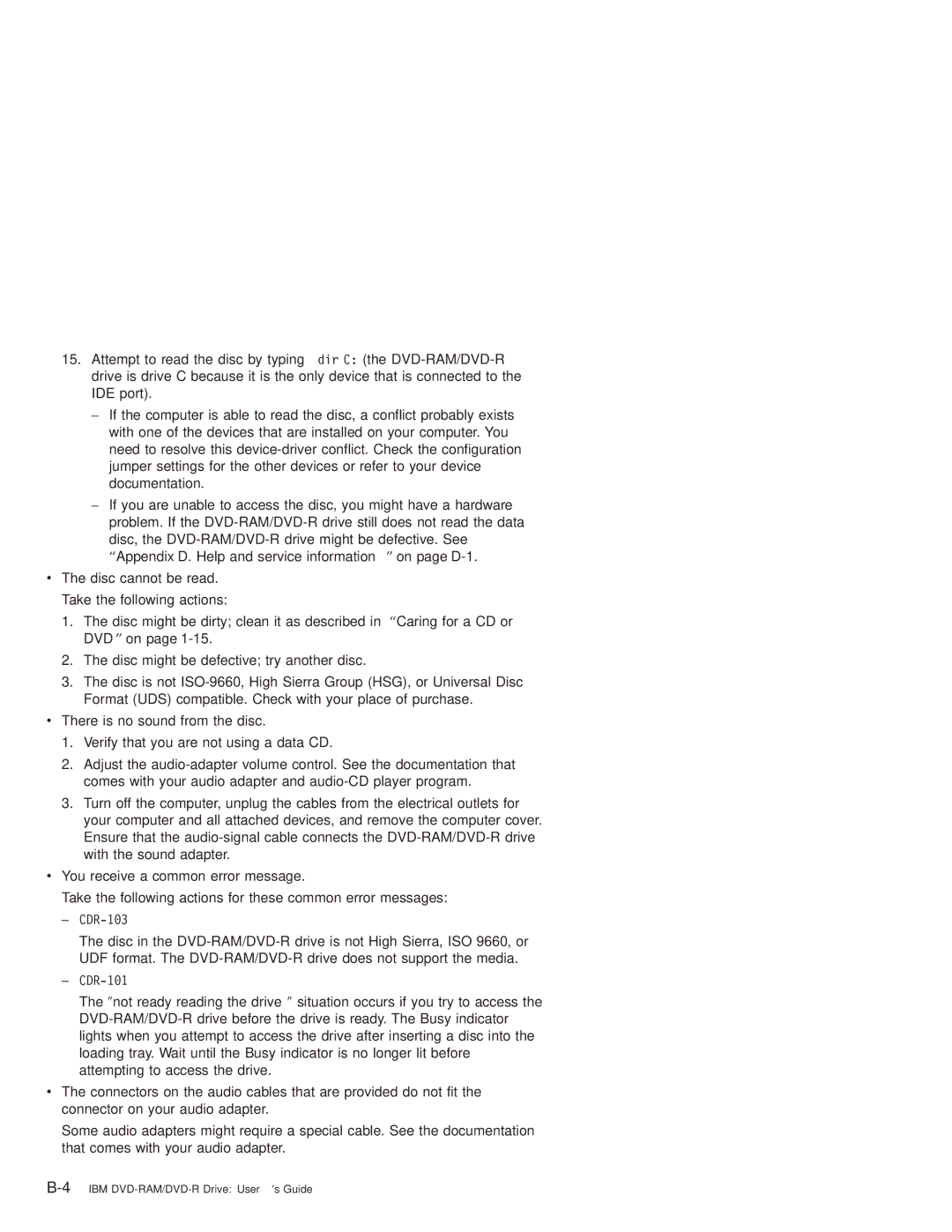 IBM 22P6960 manual Disc cannot be read. Take the following actions, There is no sound from the disc 