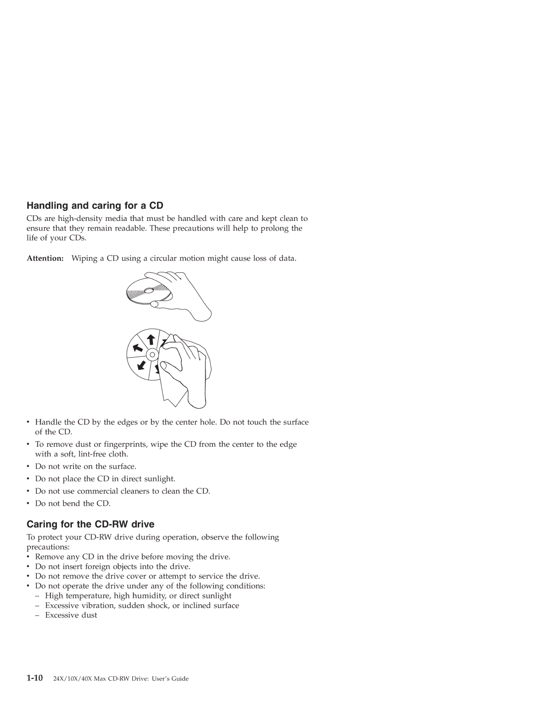 IBM 22P6969 manual Handling and caring for a CD, Caring for the CD-RW drive 