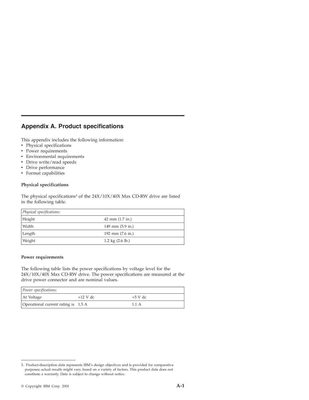 IBM 22P6969 manual Appendix A. Product specifications, Physical specifications, Power requirements 