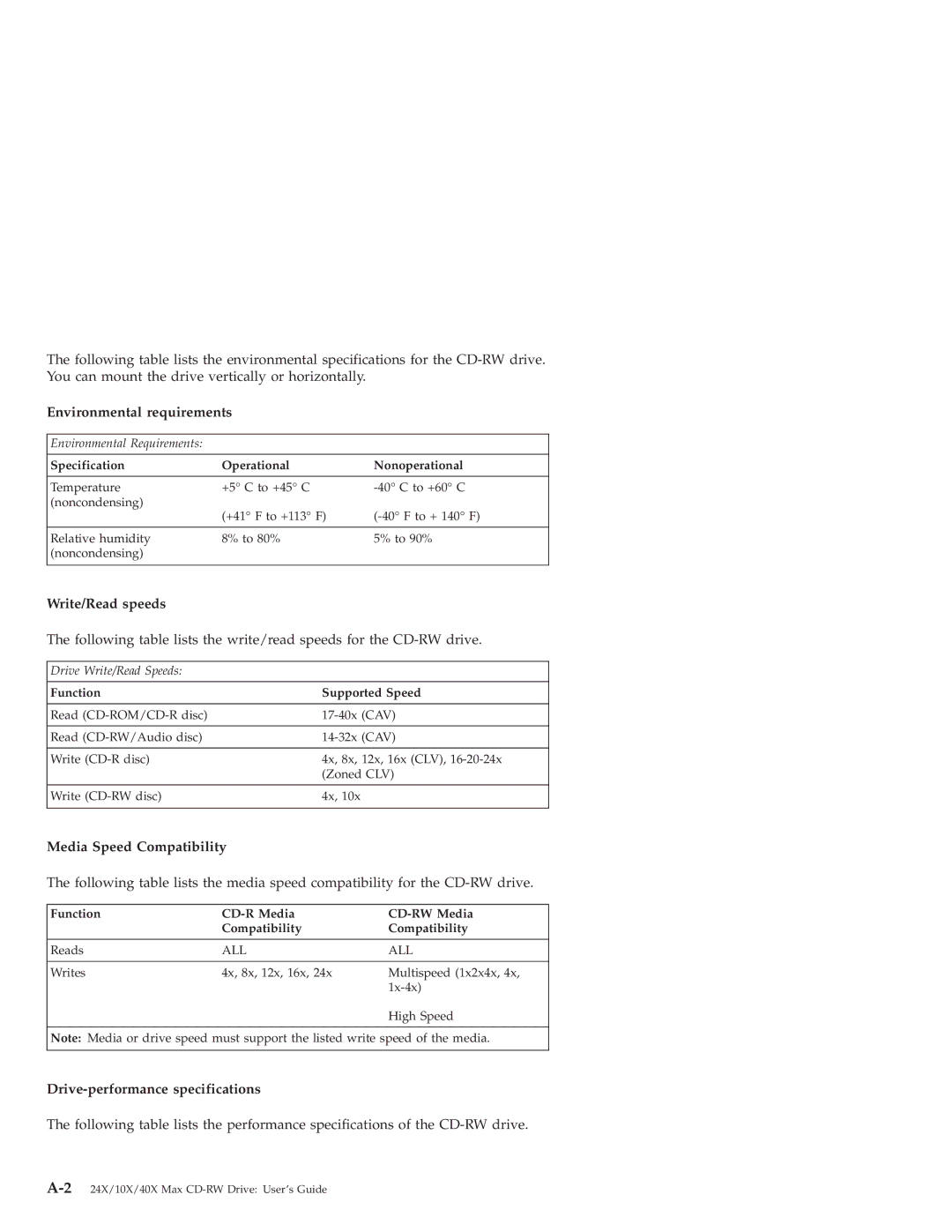 IBM 22P6969 Environmental requirements, Write/Read speeds, Media Speed Compatibility, Drive-performance specifications 