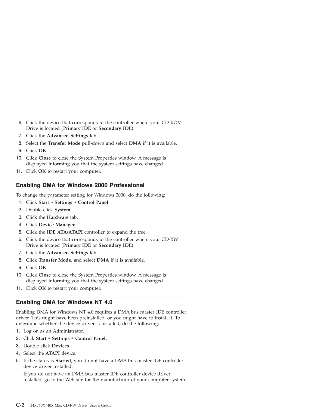 IBM 22P6969 manual Enabling DMA for Windows 2000 Professional, Enabling DMA for Windows NT, Click the Advanced Settings tab 