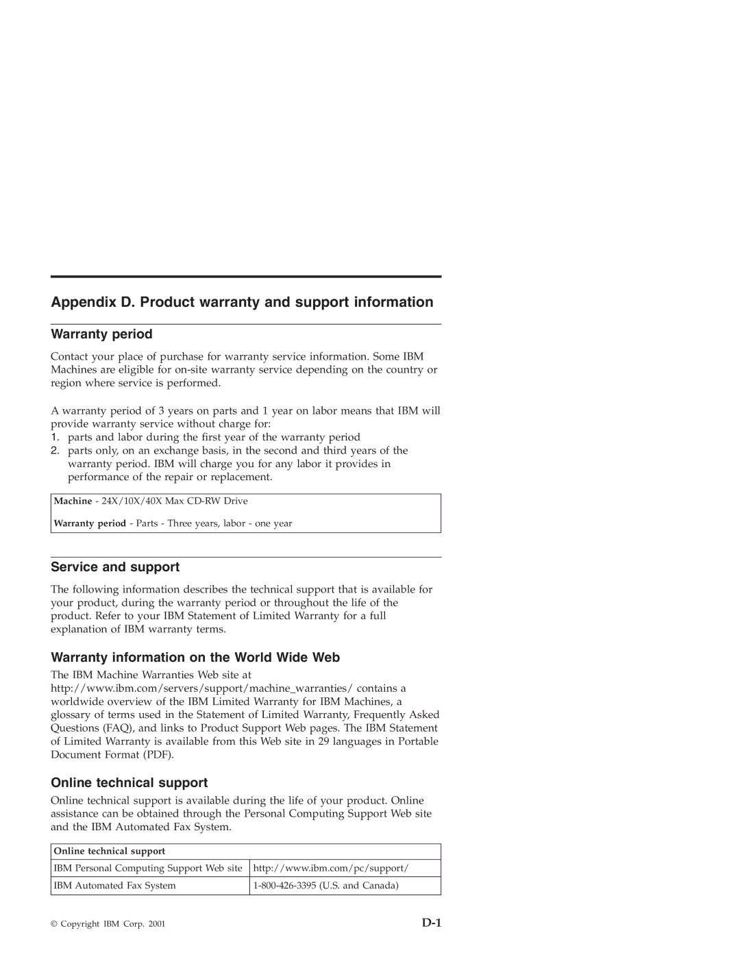 IBM 22P6969 manual Appendix D. Product warranty and support information, Warranty period, Service and support 