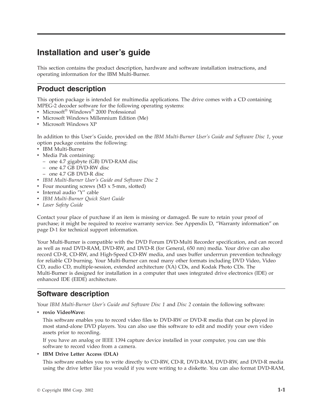 IBM 22P6972 manual Installation and user’s guide, Product description, Software description, Roxio VideoWave 