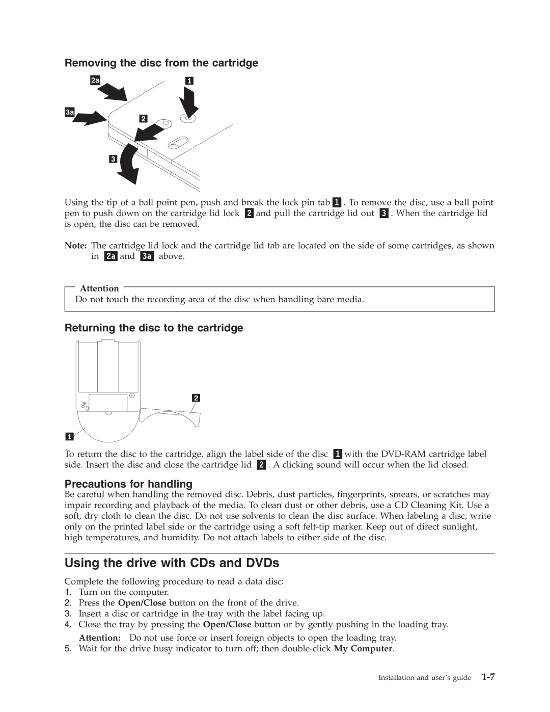 IBM 22P6972 manual Using the drive with CDs and DVDs, Removing the disc from the cartridge 