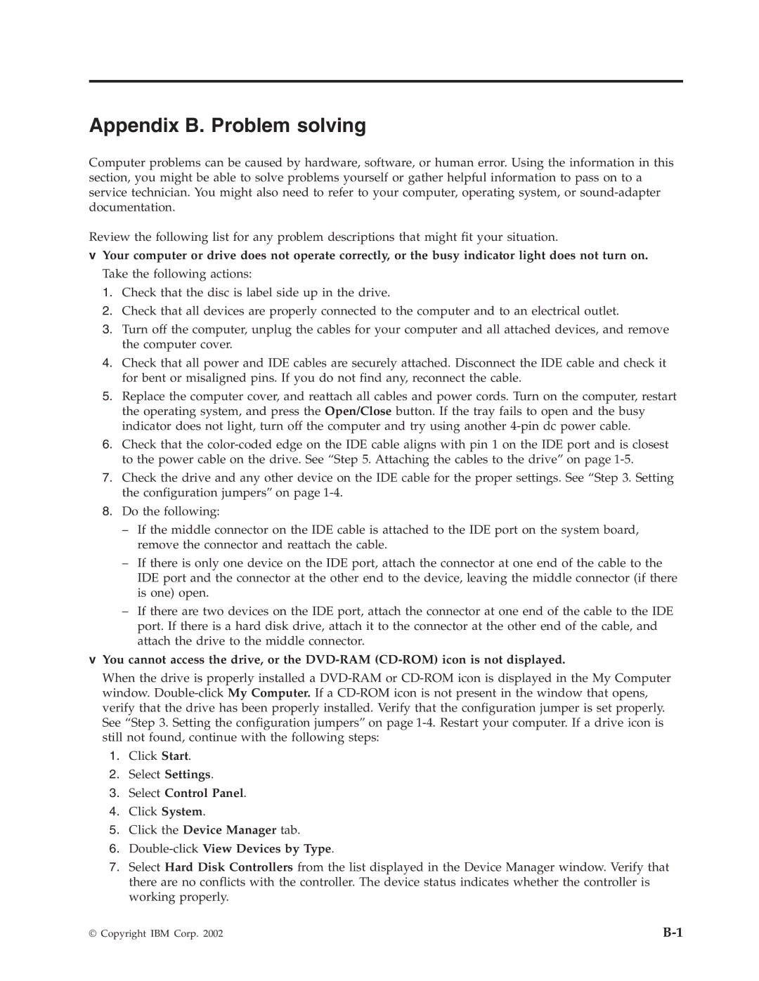 IBM 22P6972 manual Appendix B. Problem solving, Select Control Panel 