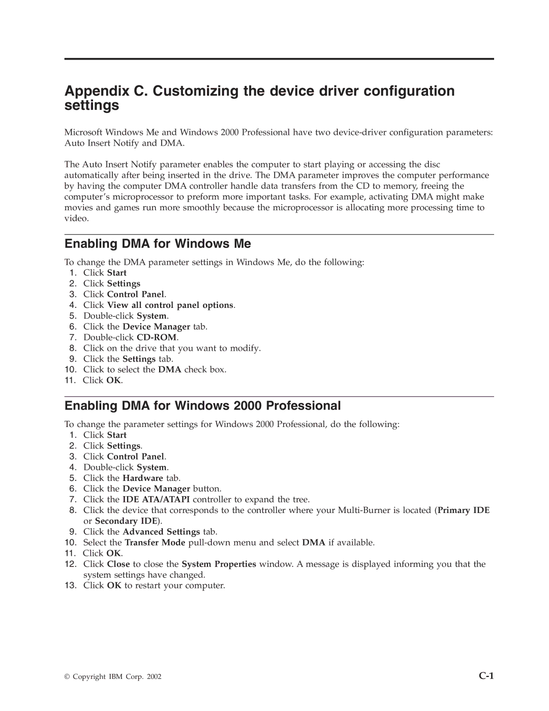 IBM 22P6972 manual Enabling DMA for Windows Me, Enabling DMA for Windows 2000 Professional, Click the Device Manager tab 