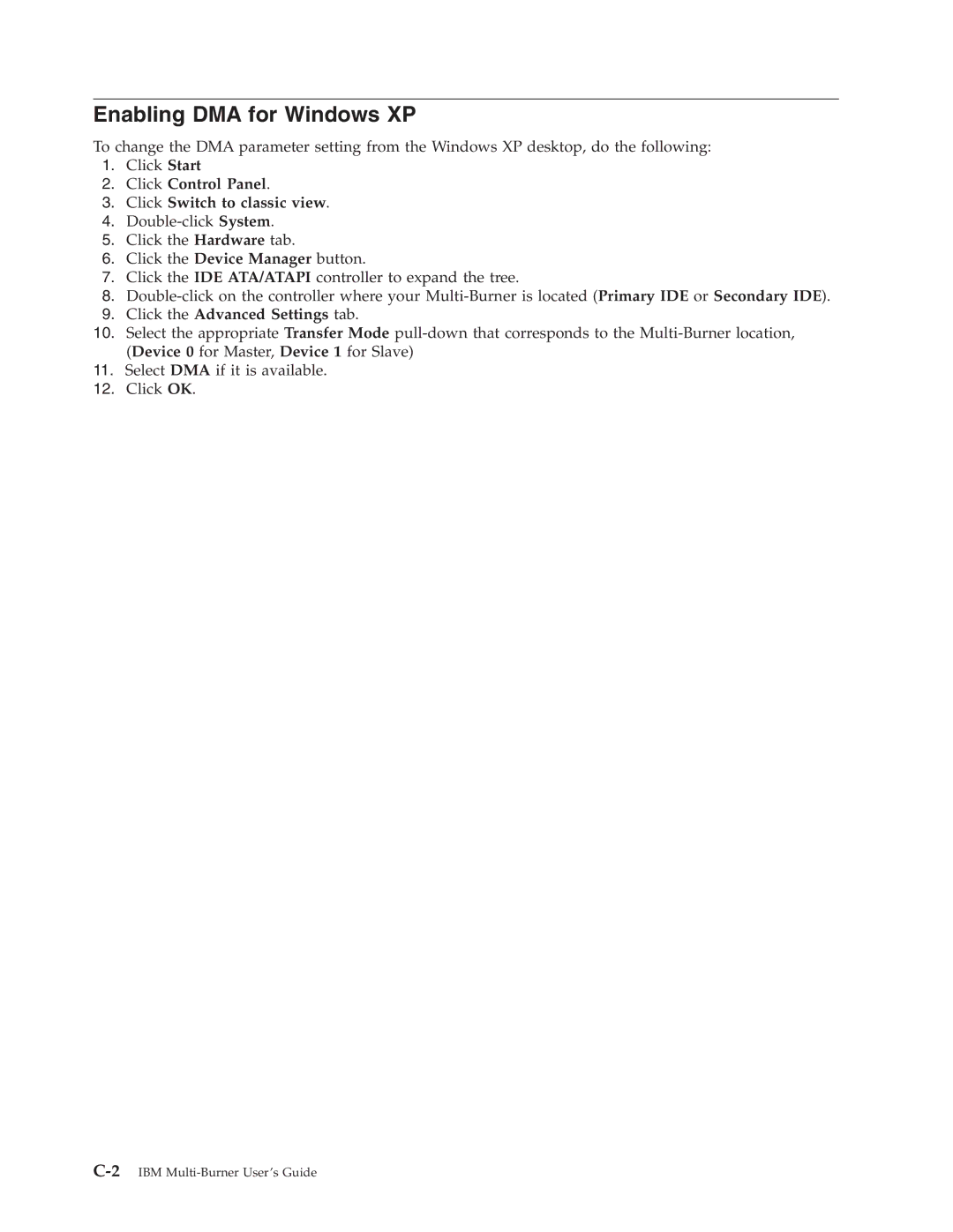 IBM 22P6972 manual Enabling DMA for Windows XP, Click Control Panel Click Switch to classic view 