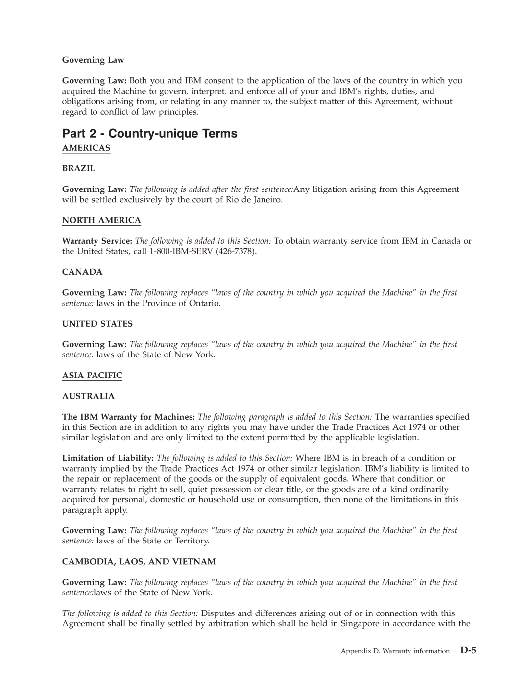 IBM 22P6972 manual Part 2 Country-unique Terms, Governing Law 