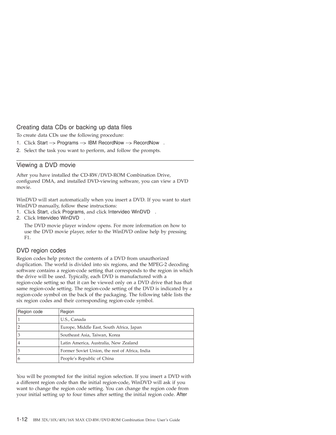 IBM 22P6975 manual Creating data CDs or backing up data files, Viewing a DVD movie, DVD region codes 