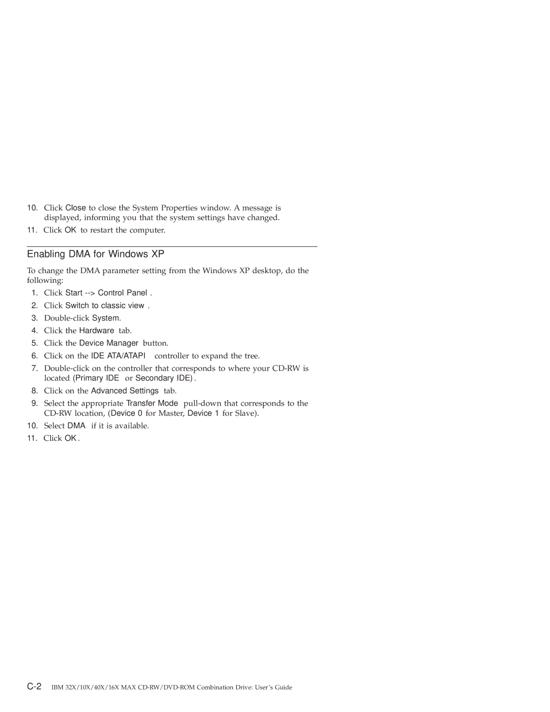 IBM 22P6975 manual Enabling DMA for Windows XP, Click Start -- Control Panel Click Switch to classic view 