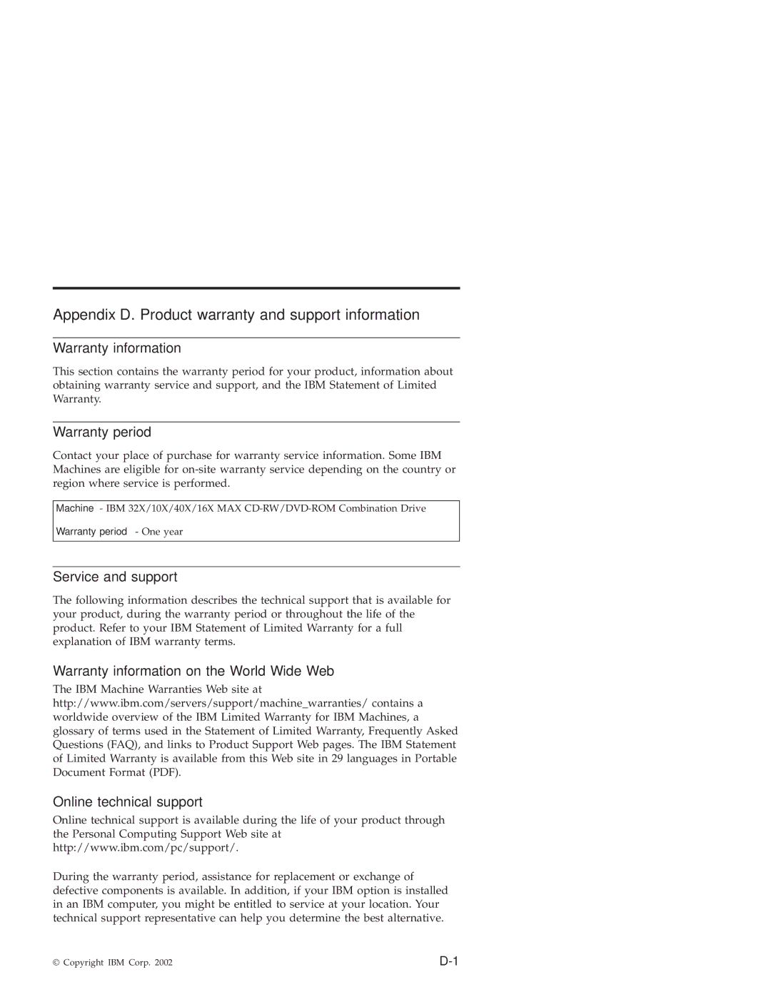 IBM 22P6975 manual Appendix D. Product warranty and support information, Warranty information, Warranty period 