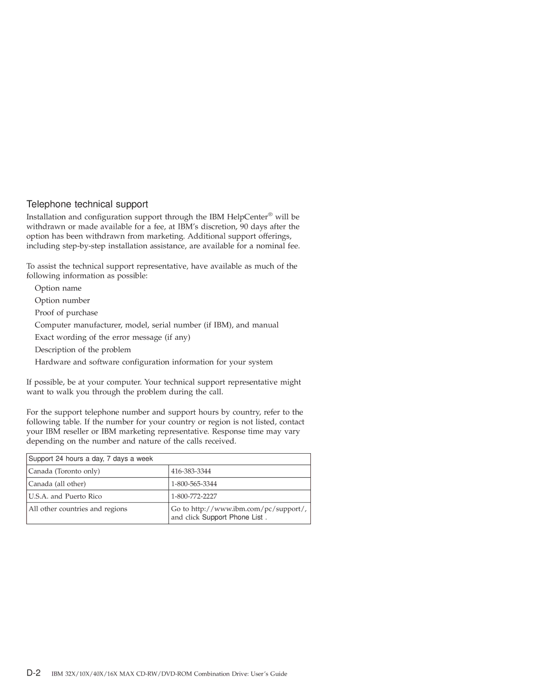 IBM 22P6975 manual Telephone technical support 