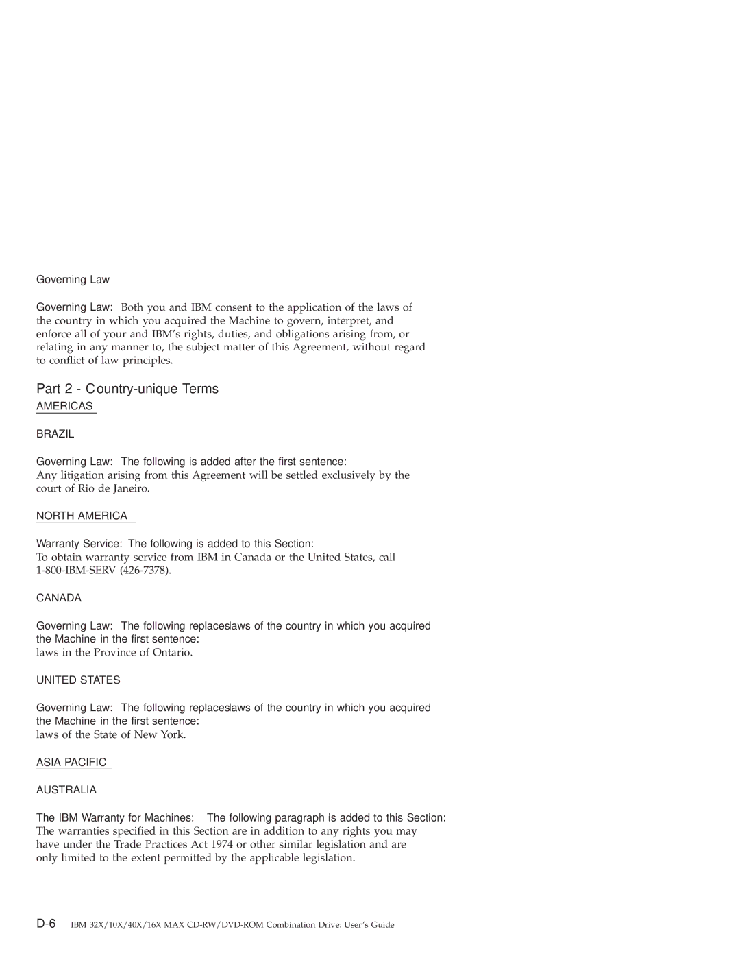 IBM 22P6975 manual Part 2 Country-unique Terms, Governing Law 