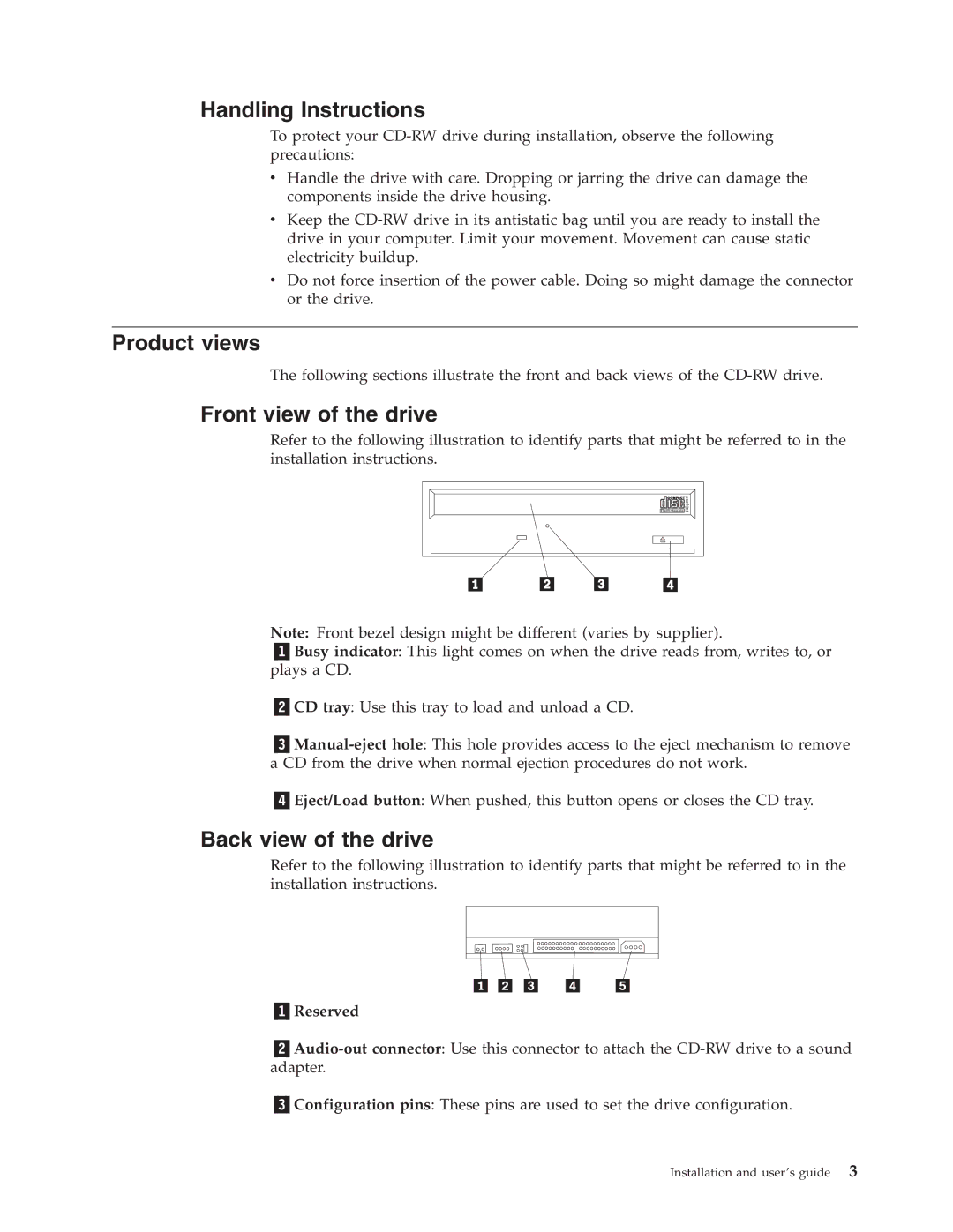 IBM 22P6979 manual Handling Instructions, Product views, Front view of the drive, Back view of the drive, Reserved 