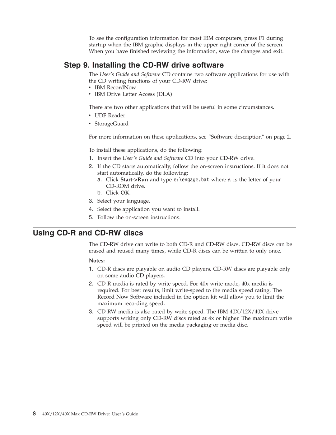 IBM 22P6979 manual Installing the CD-RW drive software, Using CD-R and CD-RW discs 