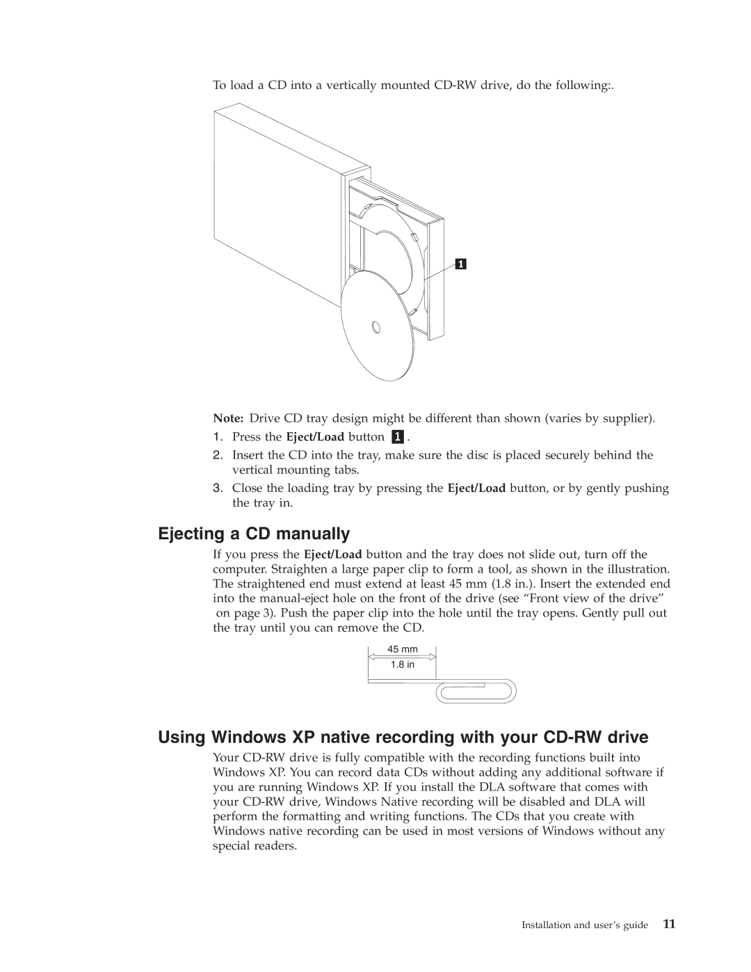 IBM 22P6979 Ejecting a CD manually, Using Windows XP native recording with your CD-RW drive 