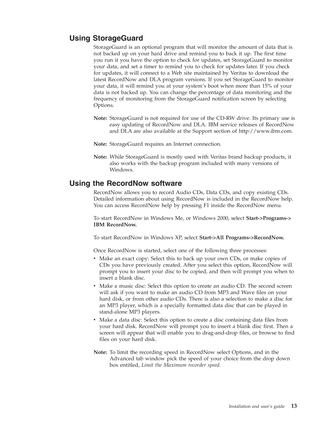 IBM 22P6979 manual Using StorageGuard, Using the RecordNow software, IBM RecordNow 