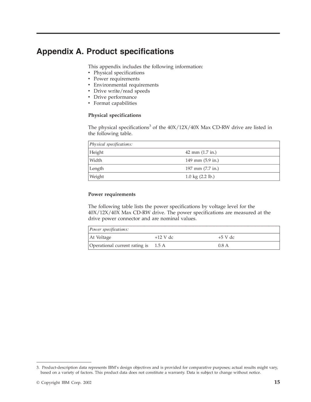 IBM 22P6979 manual Appendix A. Product specifications, Physical specifications, Power requirements 