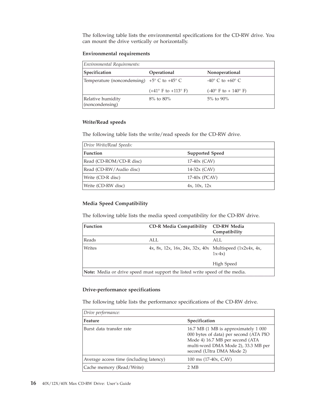 IBM 22P6979 Environmental requirements, Write/Read speeds, Media Speed Compatibility, Drive-performance specifications 