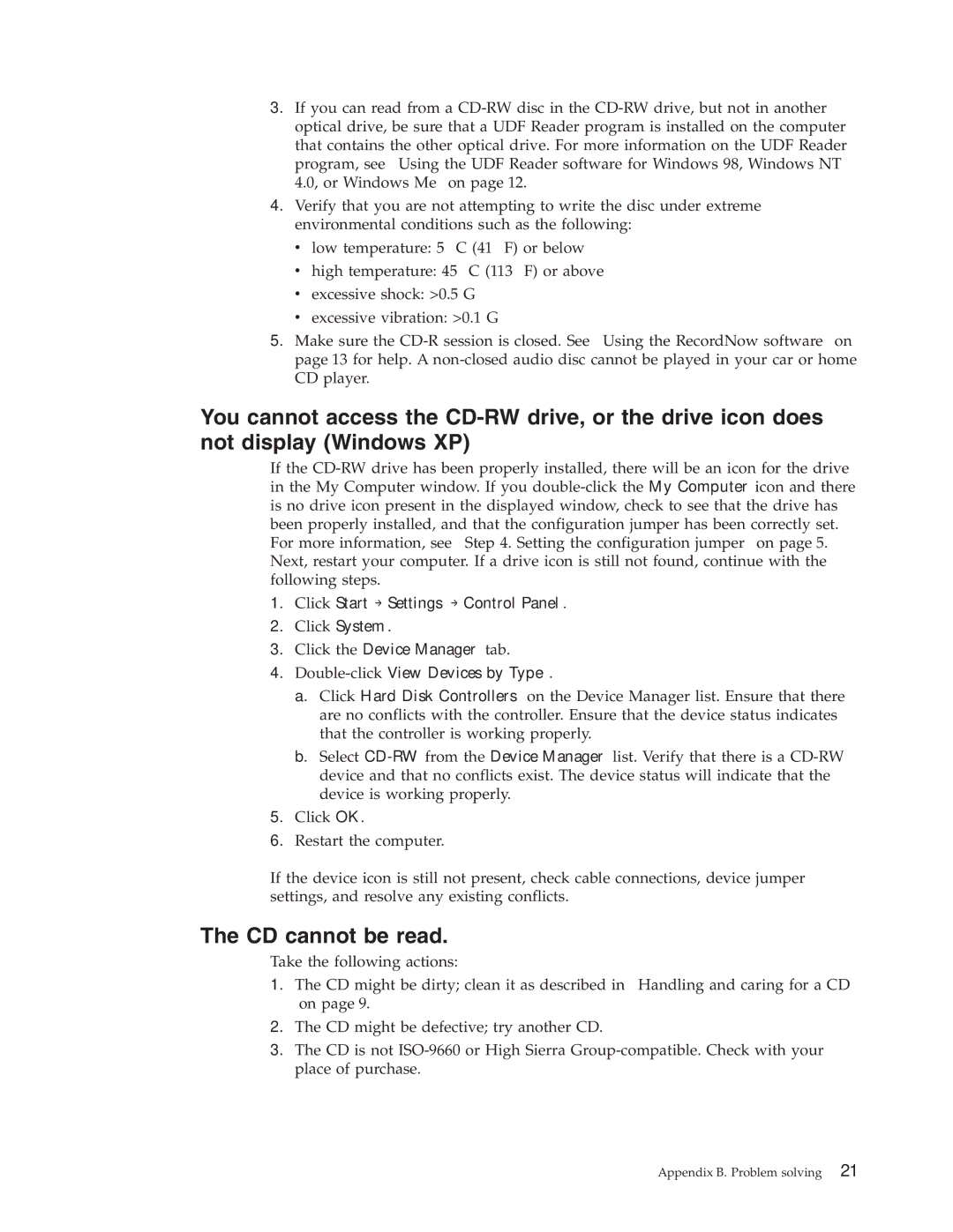 IBM 22P6979 manual CD cannot be read, Click Start → Settings → Control Panel 