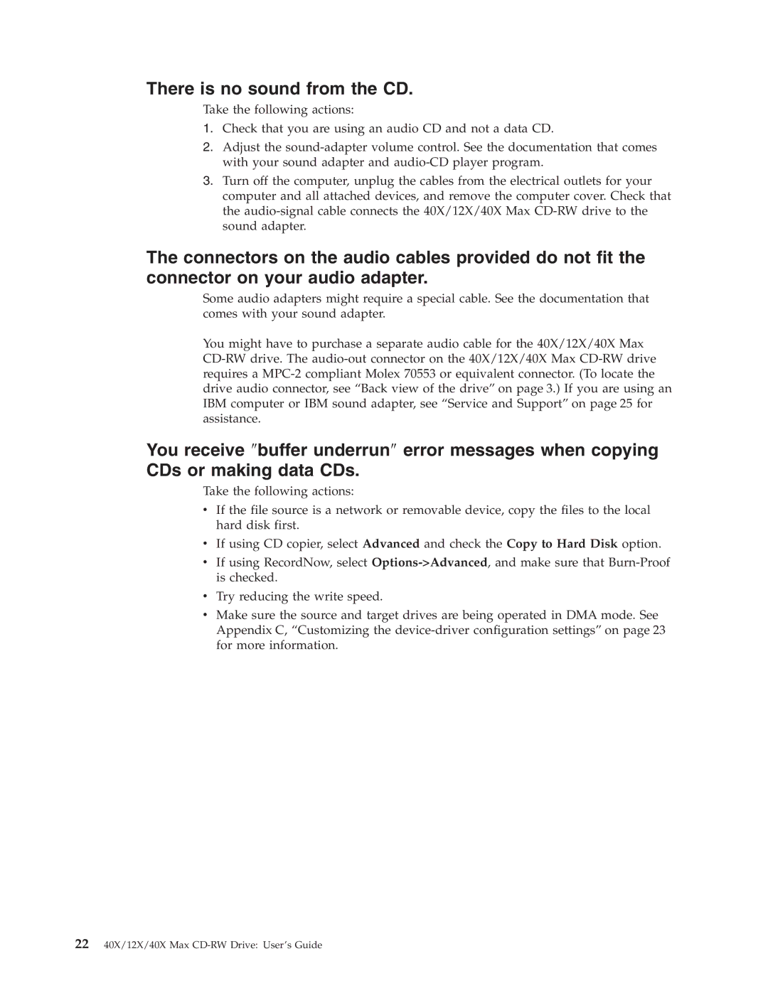 IBM 22P6979 manual There is no sound from the CD 