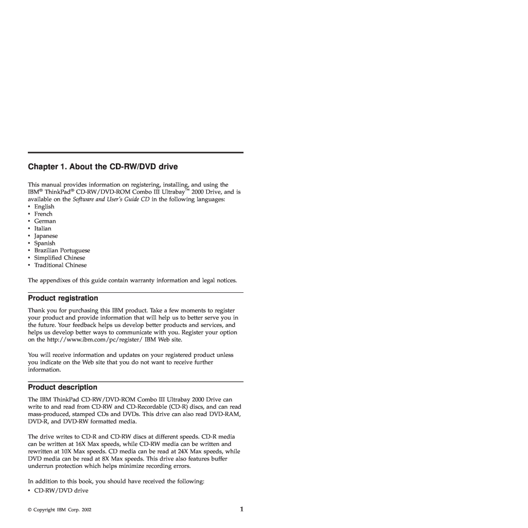 IBM 22P6982 manual About the CD-RW/DVD drive, Product registration, Product description 