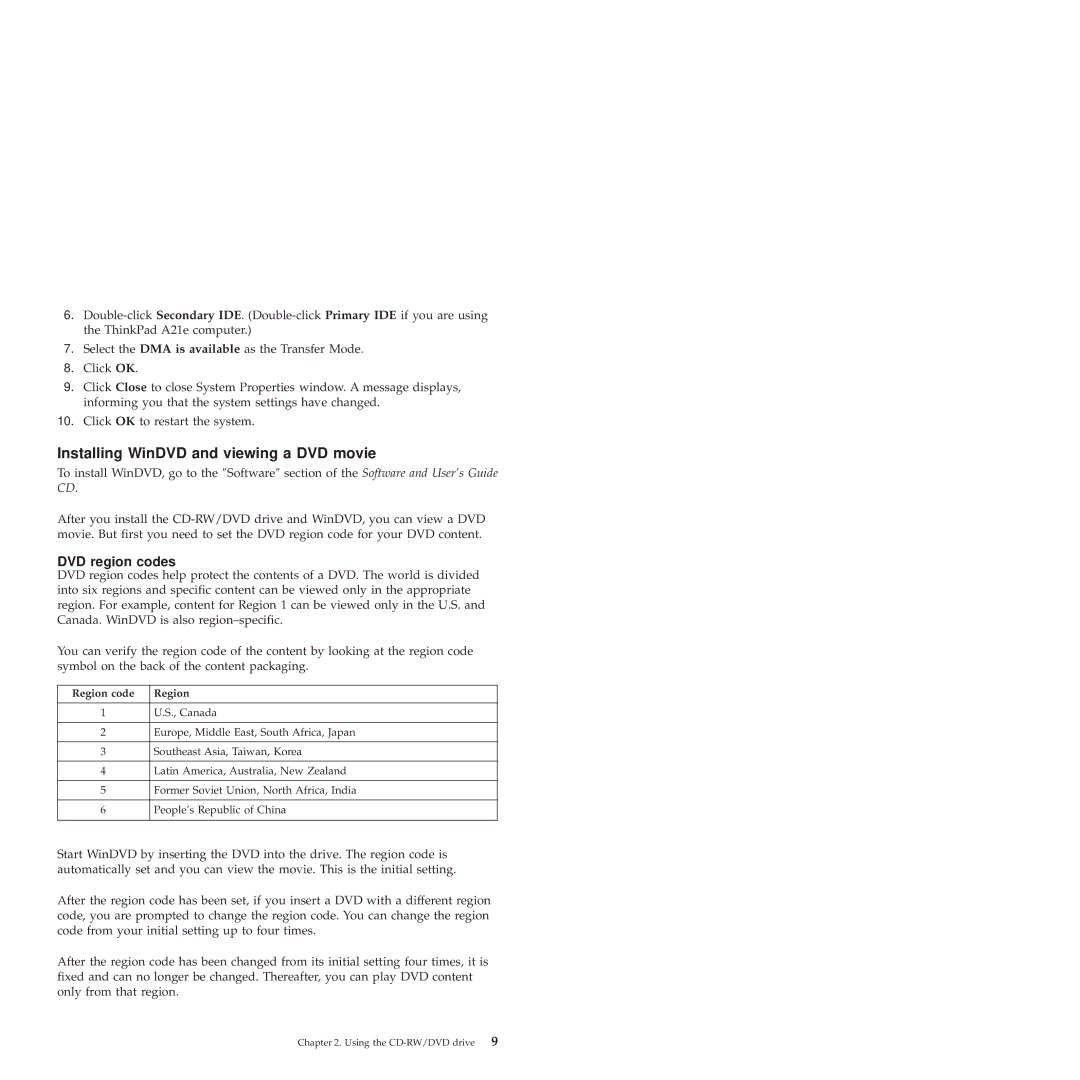 IBM 22P6982 manual Installing WinDVD and viewing a DVD movie, DVD region codes 