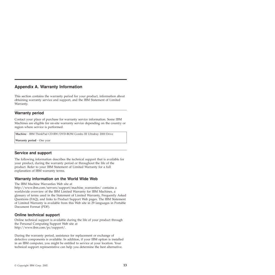 IBM 22P6982 manual Appendix A. Warranty Information, Warranty period, Service and support 