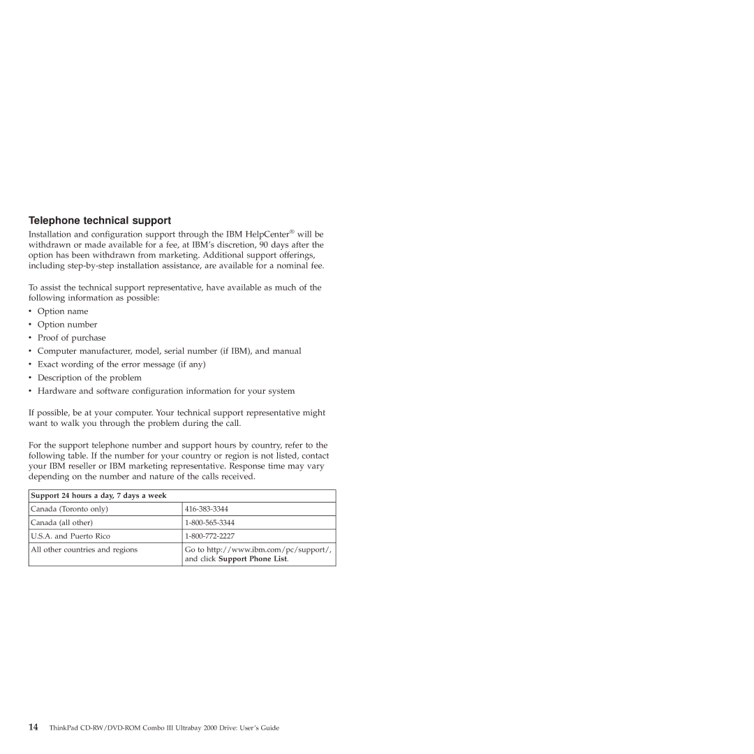 IBM 22P6982 manual Telephone technical support 