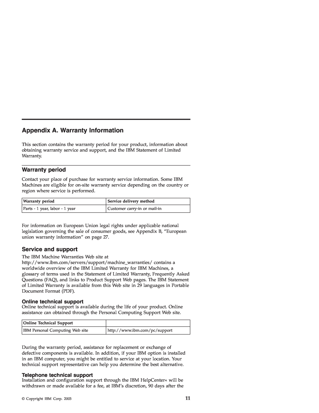 IBM 22P7007 manual Appendix A. Warranty Information, Warranty period, Service and support, Online technical support 