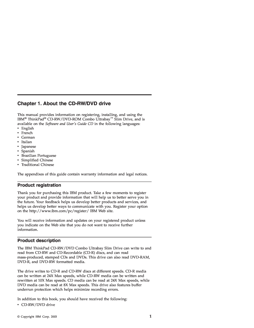 IBM 22P7007 manual About the CD-RW/DVD drive, Product registration, Product description 