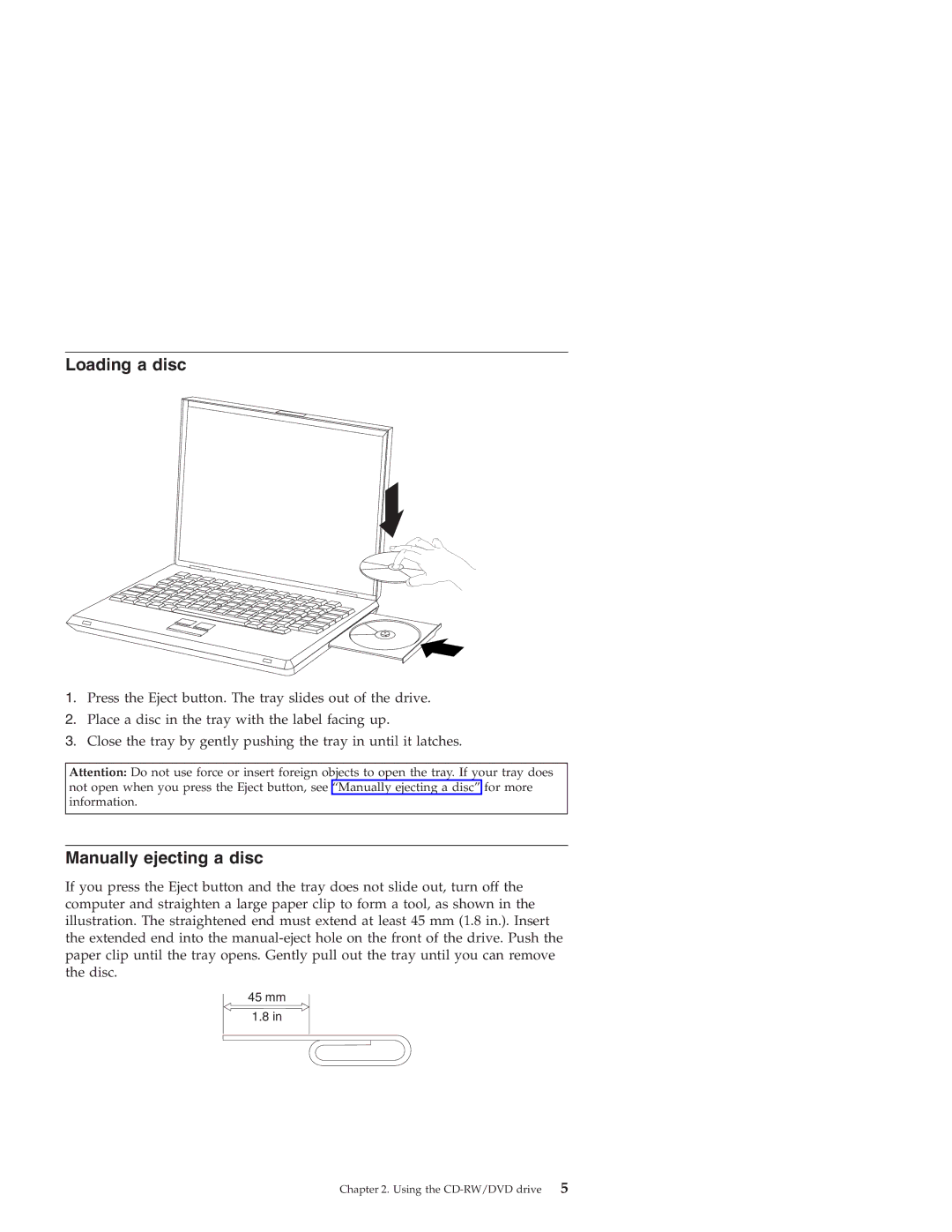 IBM 22P7007 manual Loading a disc, Manually ejecting a disc 