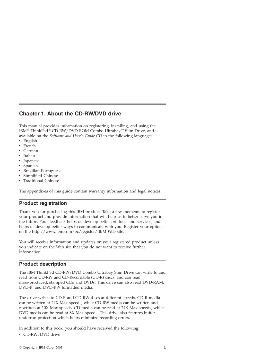 IBM 22P7007 manual About the CD-RW/DVD drive, Product registration, Product description 