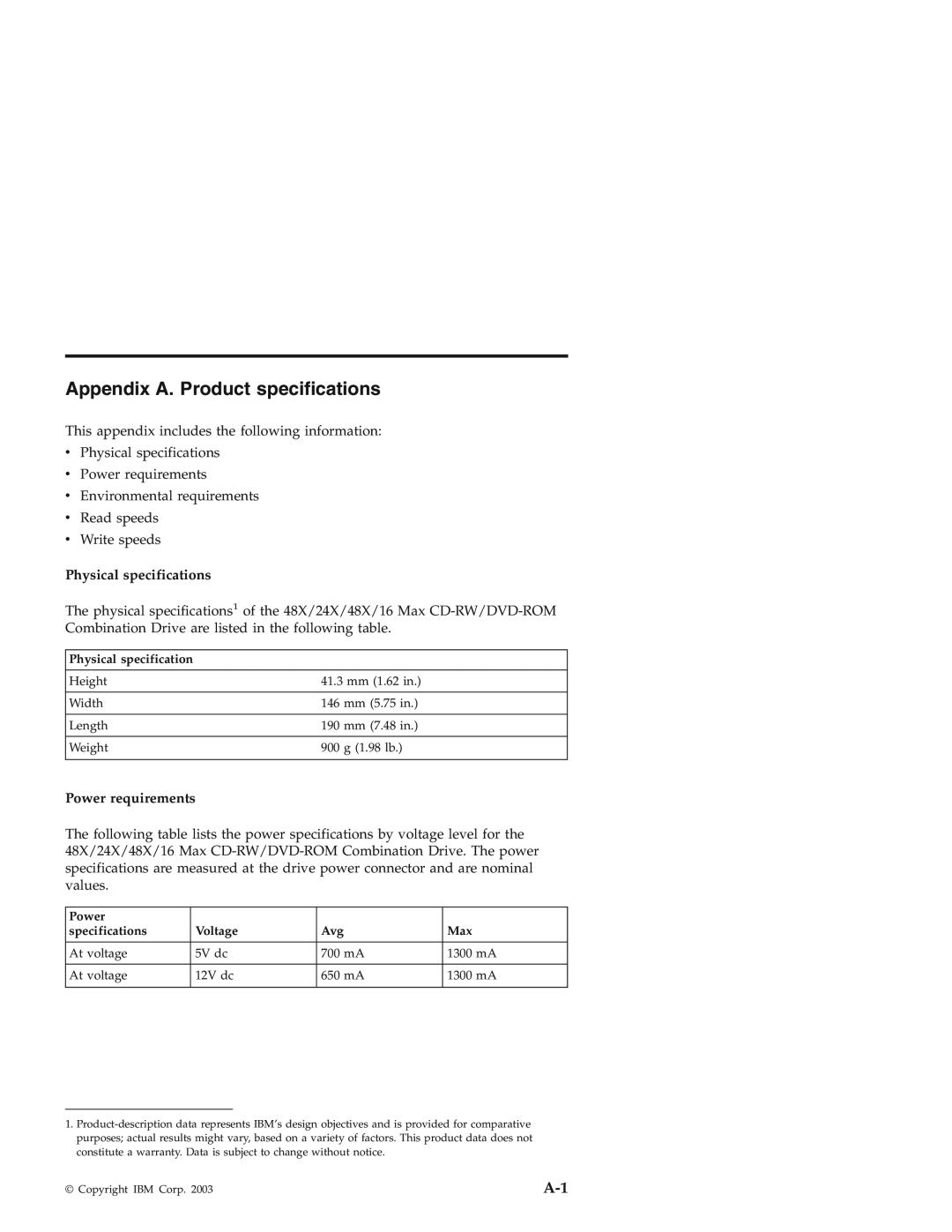 IBM 22P7035 manual Appendix A. Product specifications, Physical specifications, Power requirements 