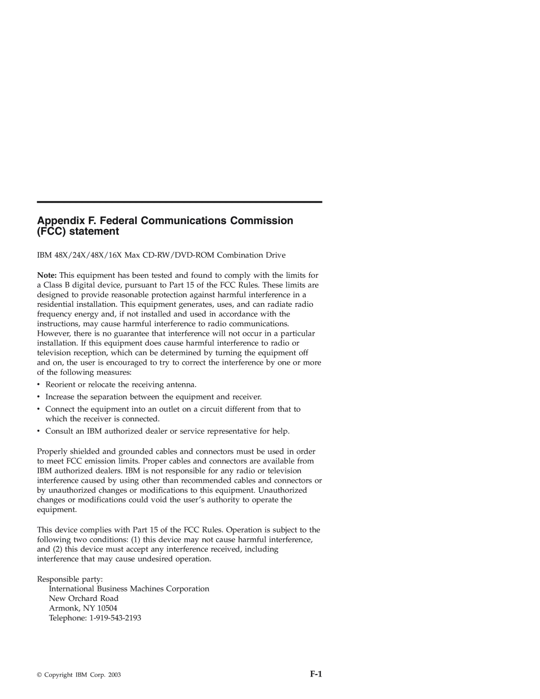 IBM 22P7035 manual Appendix F. Federal Communications Commission FCC statement 