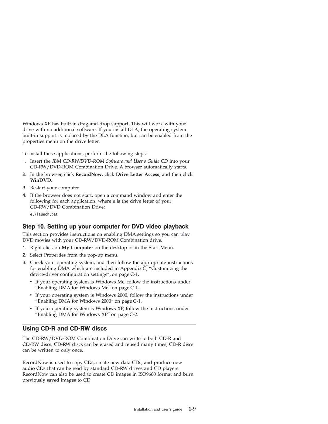 IBM 22P7035 manual Setting up your computer for DVD video playback, Using CD-R and CD-RW discs 