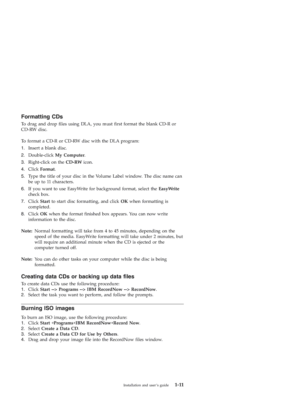 IBM 22P7035 manual Formatting CDs, Creating data CDs or backing up data files, Burning ISO images 