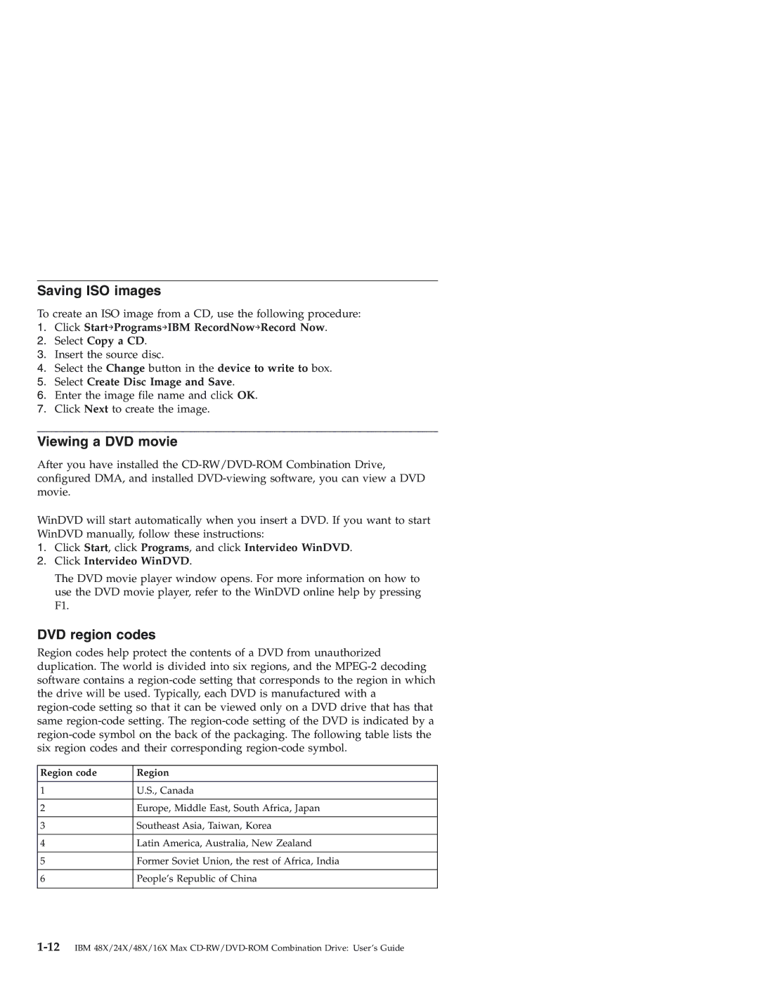 IBM 22P7035 manual Saving ISO images, Viewing a DVD movie, DVD region codes, Select Create Disc Image and Save 