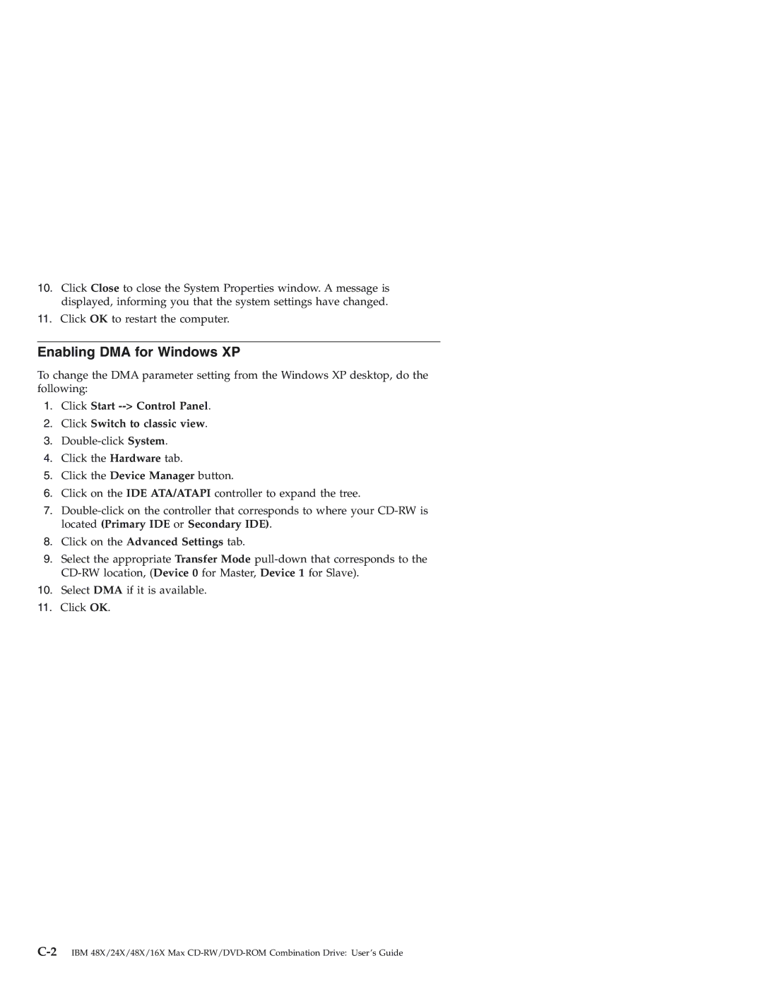 IBM 22P7035 manual Enabling DMA for Windows XP, Click Start -- Control Panel Click Switch to classic view 