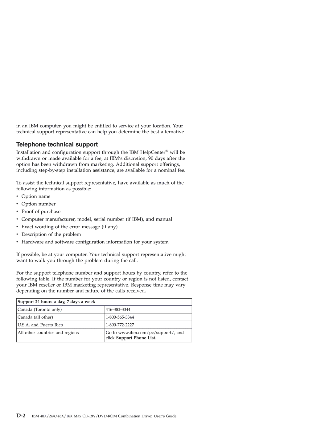 IBM 22P7035 manual Telephone technical support 