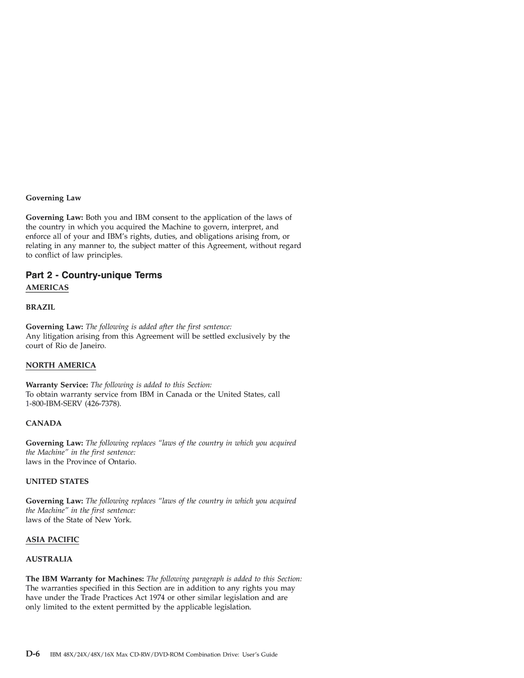 IBM 22P7035 manual Part 2 Country-unique Terms, Governing Law 