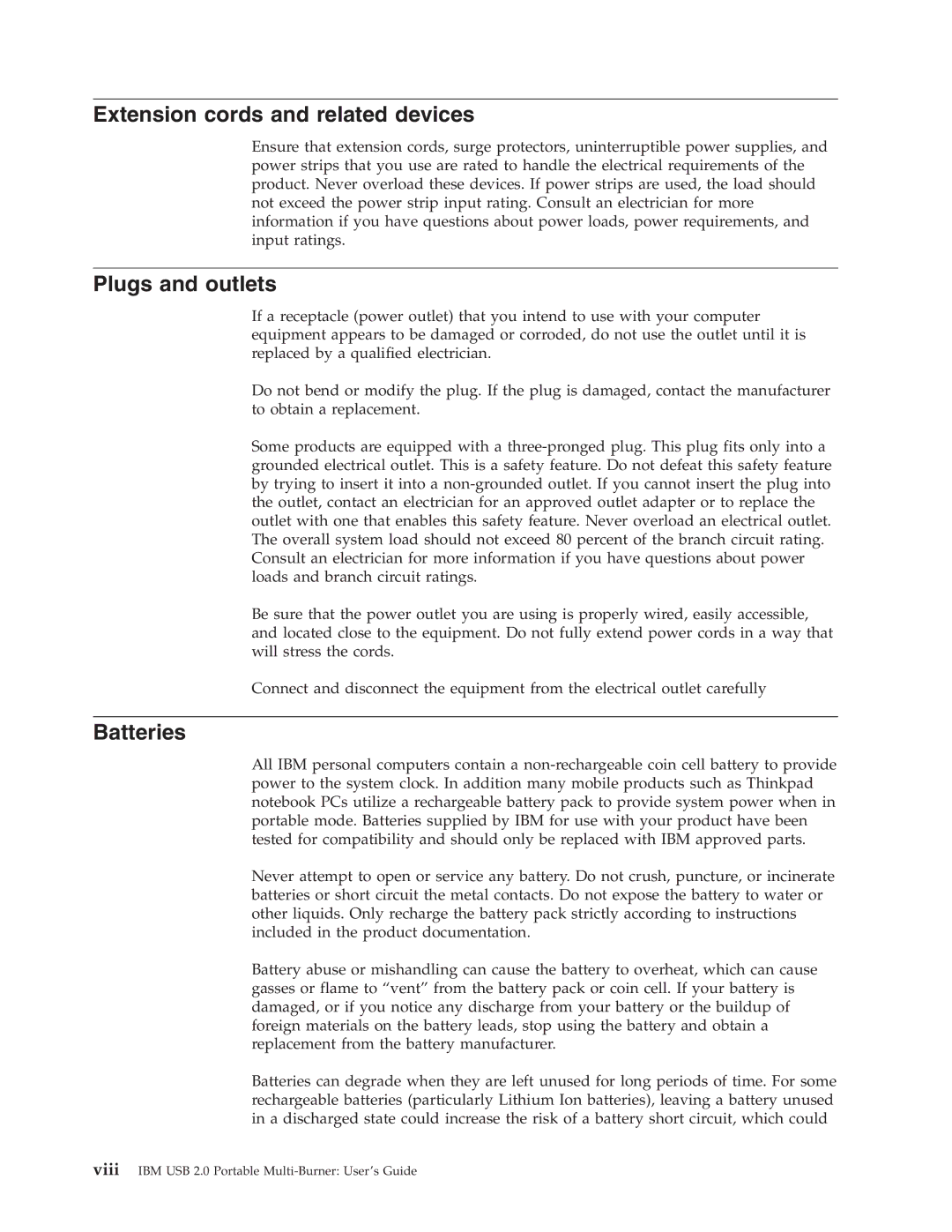 IBM 22P9176 manual Extension cords and related devices, Plugs and outlets, Batteries 