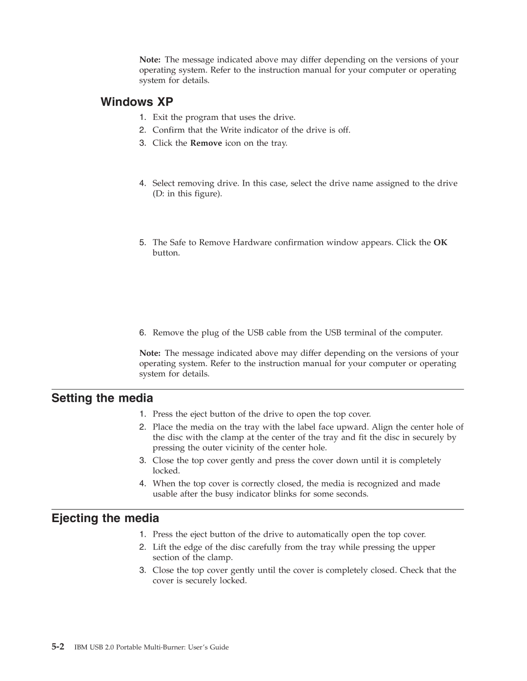 IBM 22P9176 manual Windows XP, Setting the media, Ejecting the media 