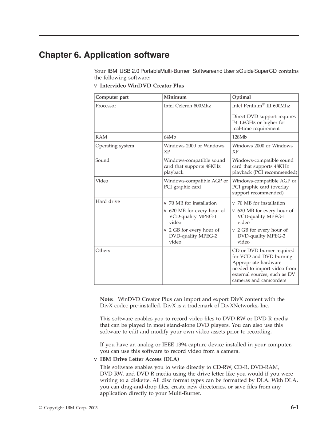 IBM 22P9176 manual Application software, Intervideo WinDVD Creator Plus, IBM Drive Letter Access DLA 