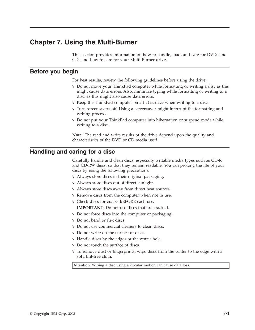 IBM 22P9176 manual Using the Multi-Burner, Before you begin, Handling and caring for a disc 