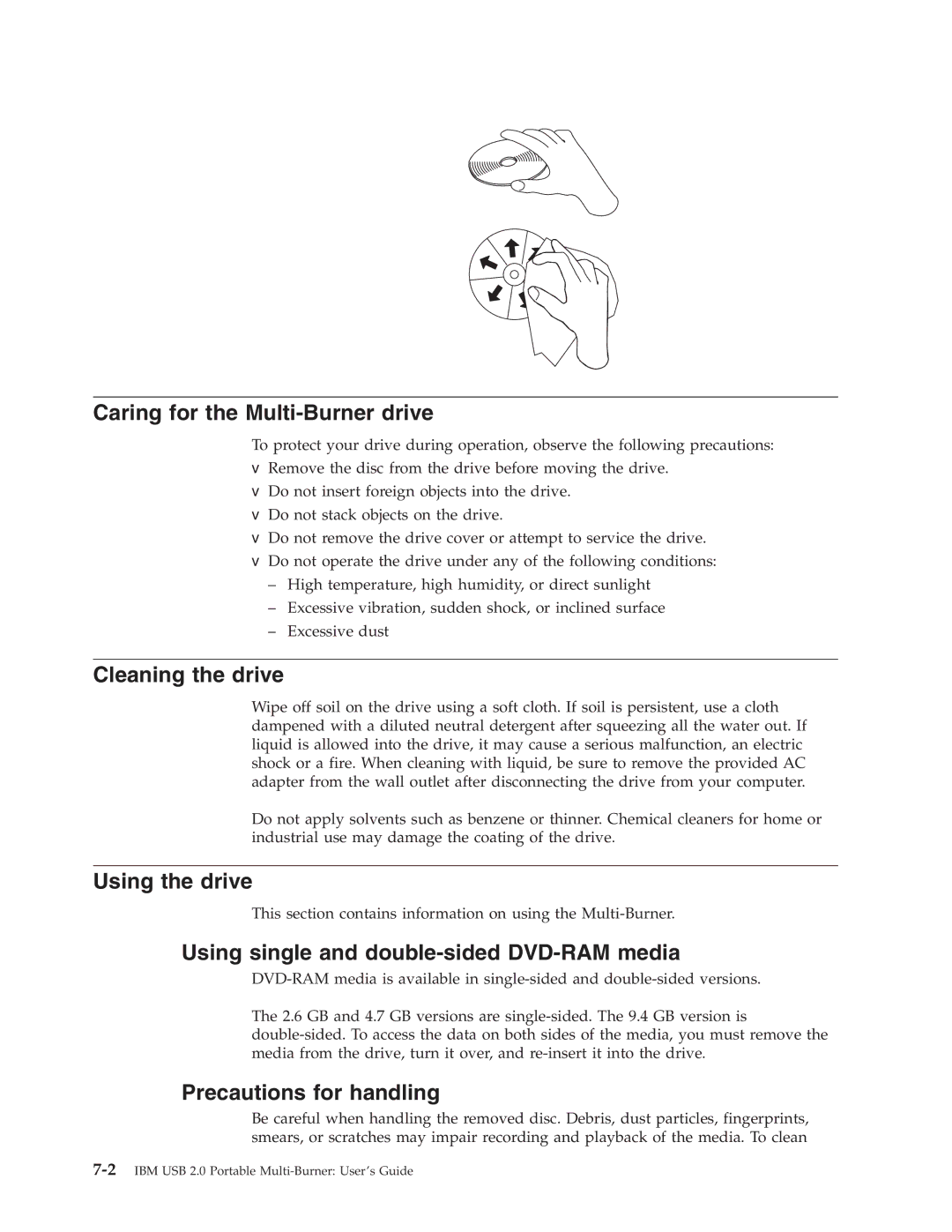 IBM 22P9176 manual Caring for the Multi-Burner drive, Cleaning the drive, Using the drive, Precautions for handling 