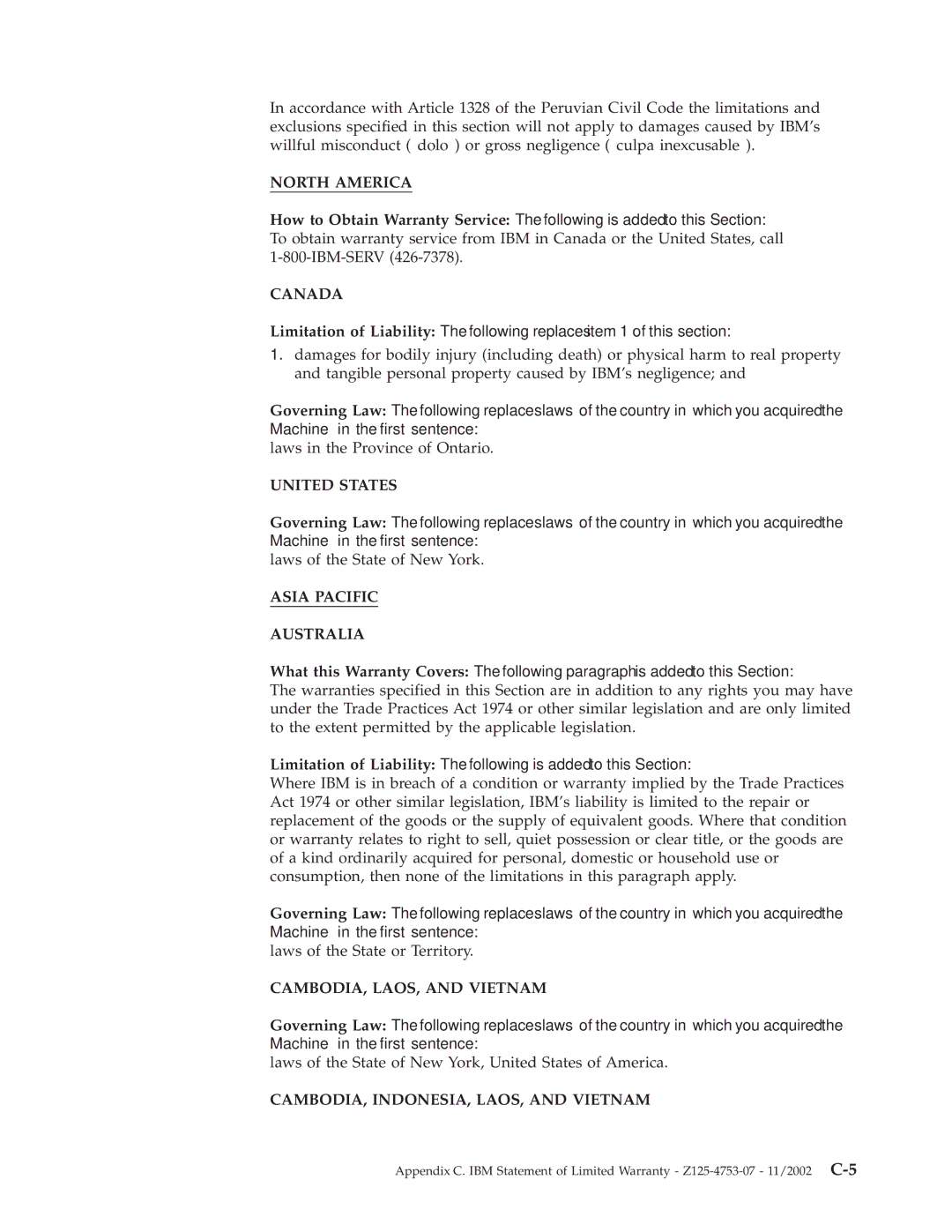 IBM 22P9176 manual North America, Canada, United States, Asia Pacific Australia, CAMBODIA, LAOS, and Vietnam 