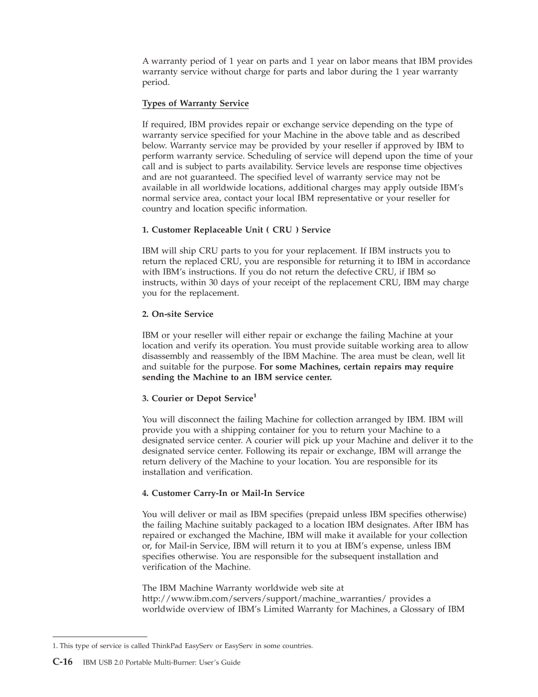 IBM 22P9176 Types of Warranty Service, Customer Replaceable Unit ″CRU″ Service, On-site Service, Courier or Depot Service1 