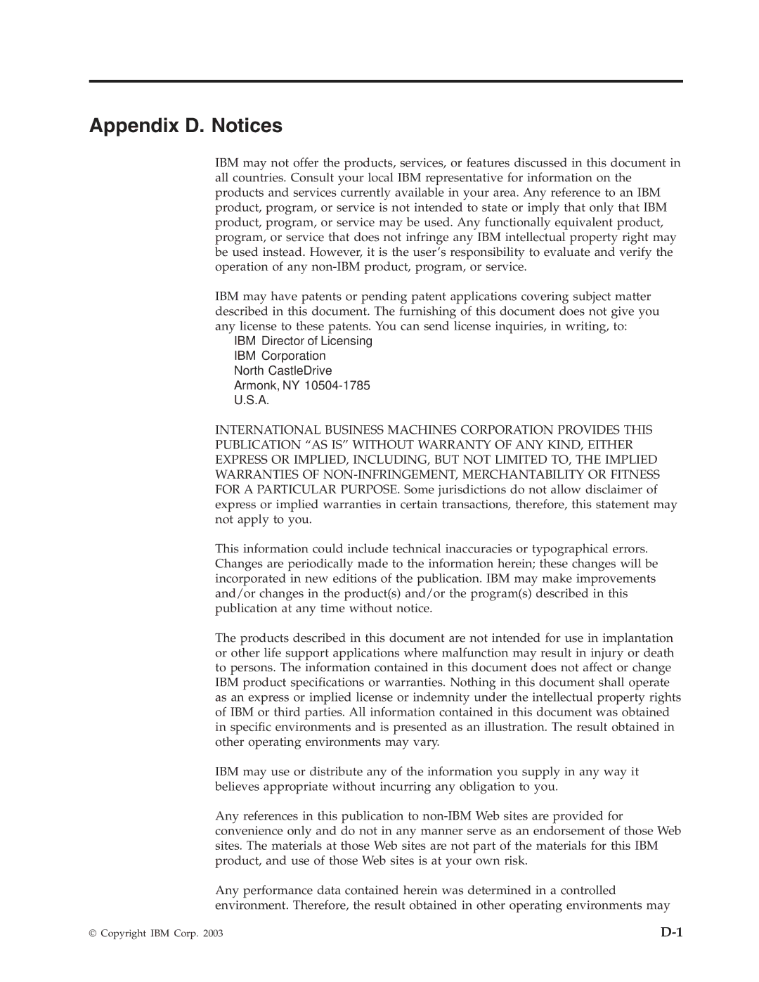 IBM 22P9176 manual Appendix D. Notices 