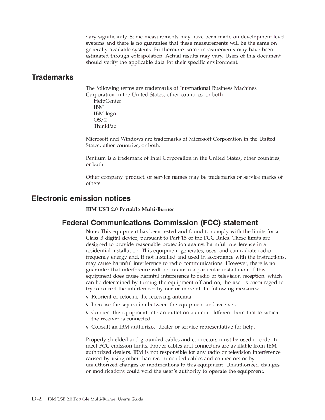 IBM 22P9176 manual Trademarks, Electronic emission notices, Federal Communications Commission FCC statement 